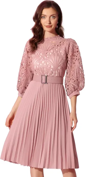 Allegra K Women's Elegant Lace Crochet Lantern Sleeves Belt Loose Pleated Midi Dress