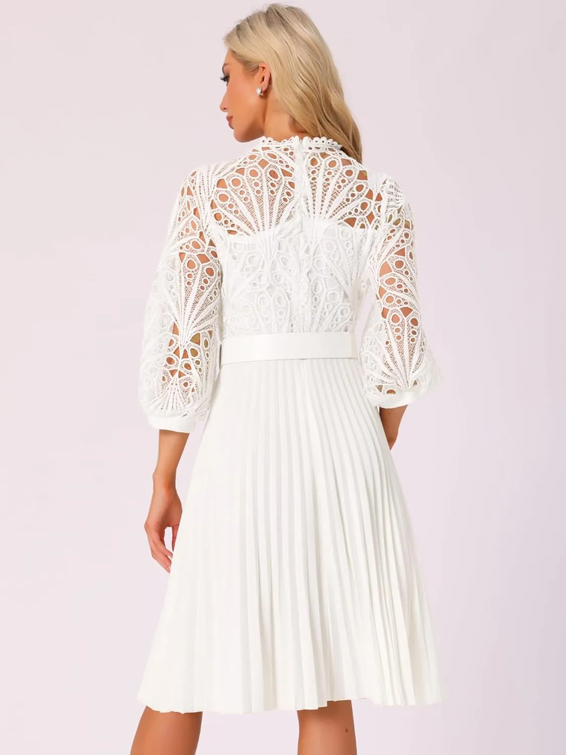 Allegra K Women's Elegant Lace Crochet Lantern Sleeves Belt Loose Pleated Midi Dress