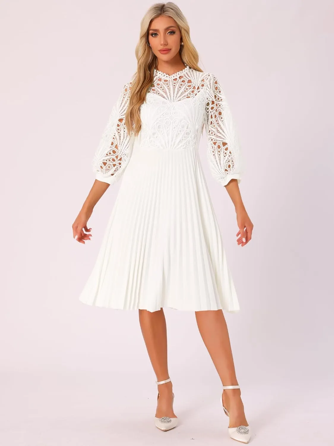 Allegra K Women's Elegant Lace Crochet Lantern Sleeves Belt Loose Pleated Midi Dress