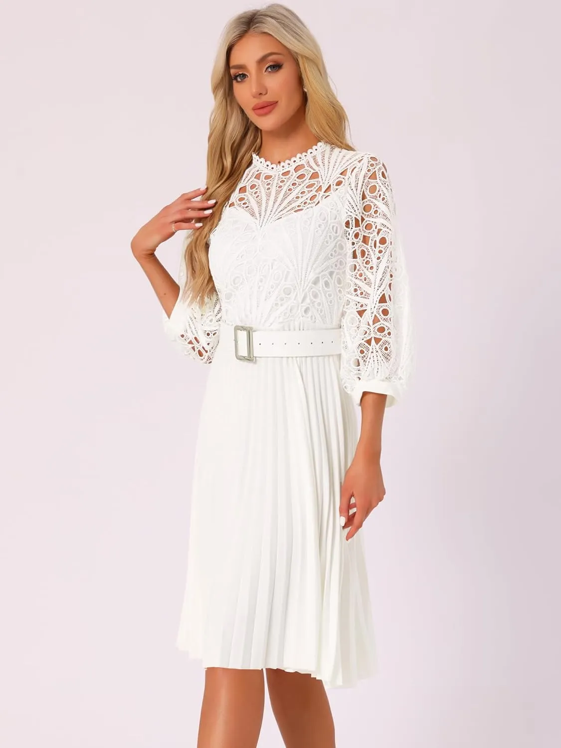 Allegra K Women's Elegant Lace Crochet Lantern Sleeves Belt Loose Pleated Midi Dress