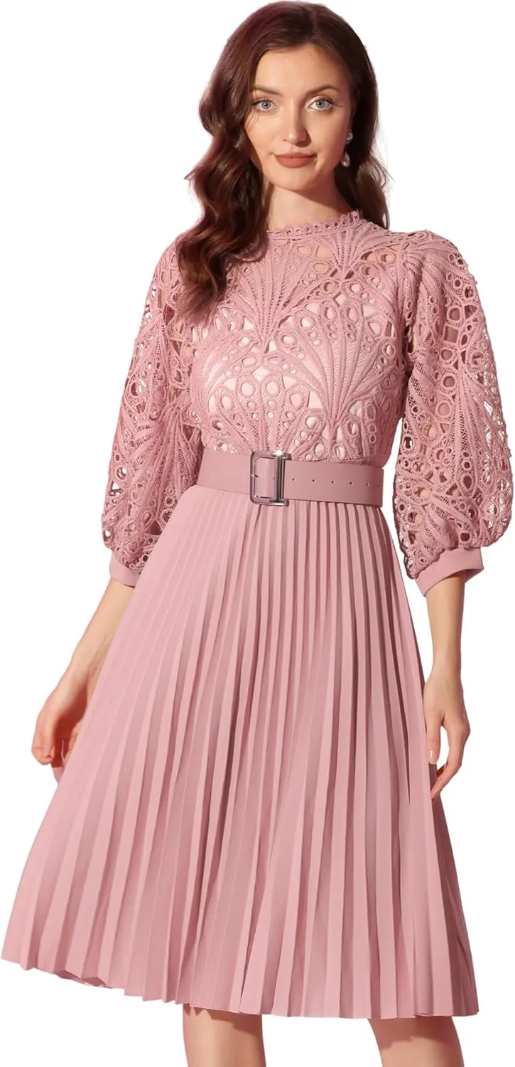 Allegra K Women's Elegant Lace Crochet Lantern Sleeves Belt Loose Pleated Midi Dress