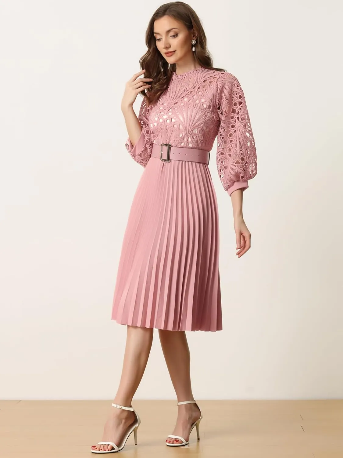Allegra K Women's Elegant Lace Crochet Lantern Sleeves Belt Loose Pleated Midi Dress