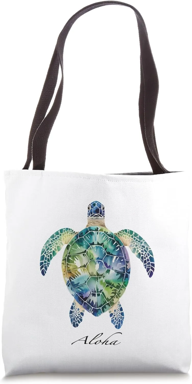 Aloha Watercolor Sea Turtle Art Hawaiian Beach Coastal Vibes Tote Bag