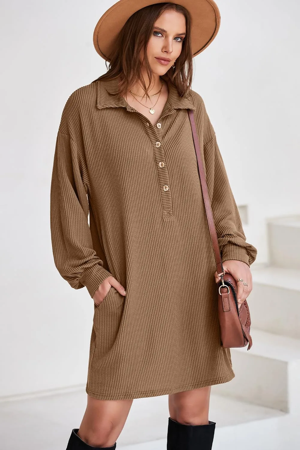 AlvaQ Womens Long Sleeve Dress Loose Button Front Lapel Collared Ribbed Knit Mini Dresses with Pockets