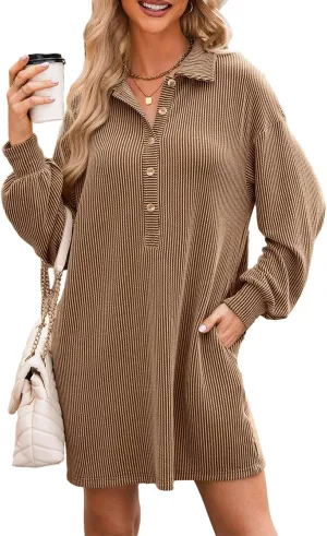 AlvaQ Womens Long Sleeve Dress Loose Button Front Lapel Collared Ribbed Knit Mini Dresses with Pockets