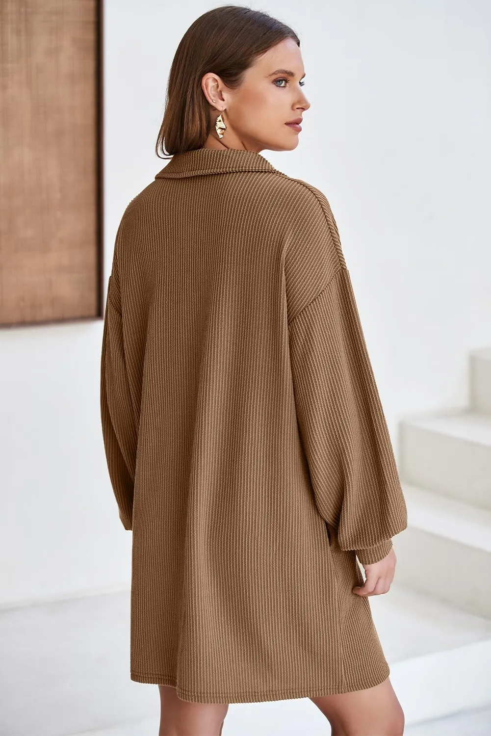 AlvaQ Womens Long Sleeve Dress Loose Button Front Lapel Collared Ribbed Knit Mini Dresses with Pockets