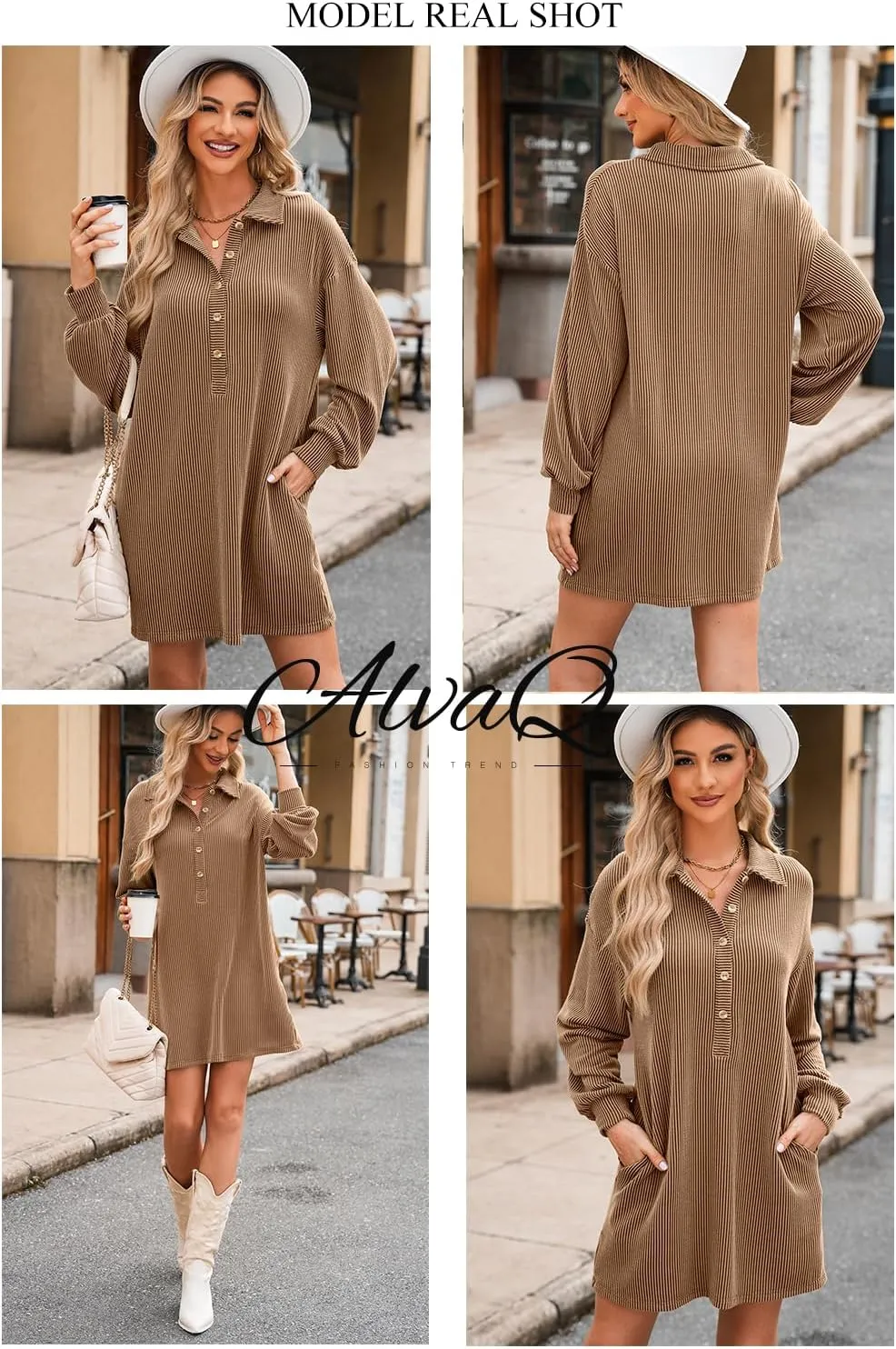 AlvaQ Womens Long Sleeve Dress Loose Button Front Lapel Collared Ribbed Knit Mini Dresses with Pockets