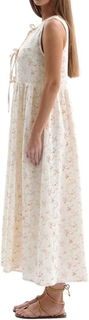 Amazhiyu Womens Cotton Gauze Floral Tie Front Crew Neck Sleeveless Maxi Dress
