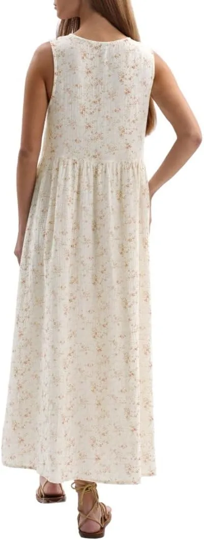 Amazhiyu Womens Cotton Gauze Floral Tie Front Crew Neck Sleeveless Maxi Dress