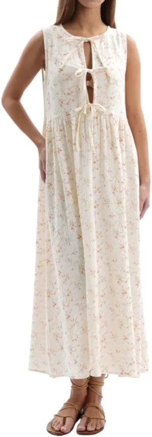 Amazhiyu Womens Cotton Gauze Floral Tie Front Crew Neck Sleeveless Maxi Dress