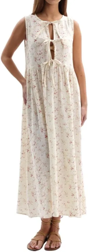 Amazhiyu Womens Cotton Gauze Floral Tie Front Crew Neck Sleeveless Maxi Dress