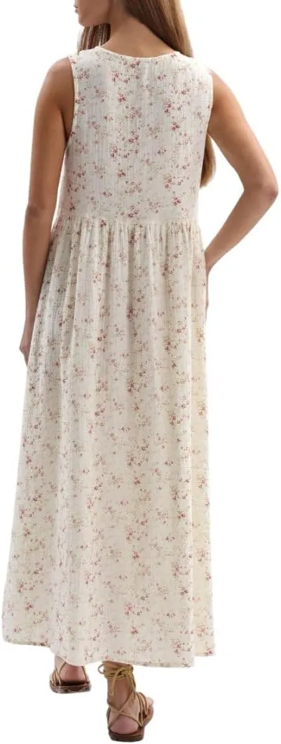 Amazhiyu Womens Cotton Gauze Floral Tie Front Crew Neck Sleeveless Maxi Dress
