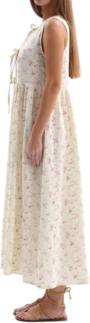 Amazhiyu Womens Cotton Gauze Floral Tie Front Crew Neck Sleeveless Maxi Dress