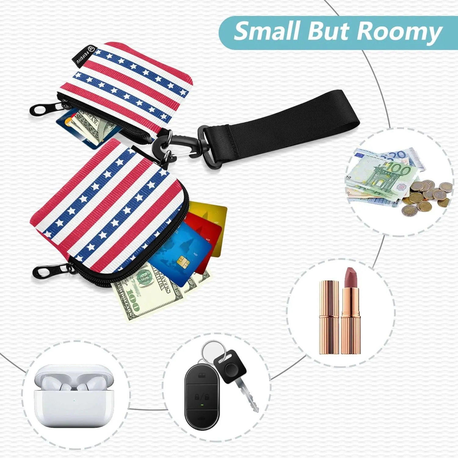 American Patriotic Stars and Stripes Women's Change Wallet Card Cases Cute Fashion Business Card Holder with Zipper Pocket for Ladies Girls 2 Packs