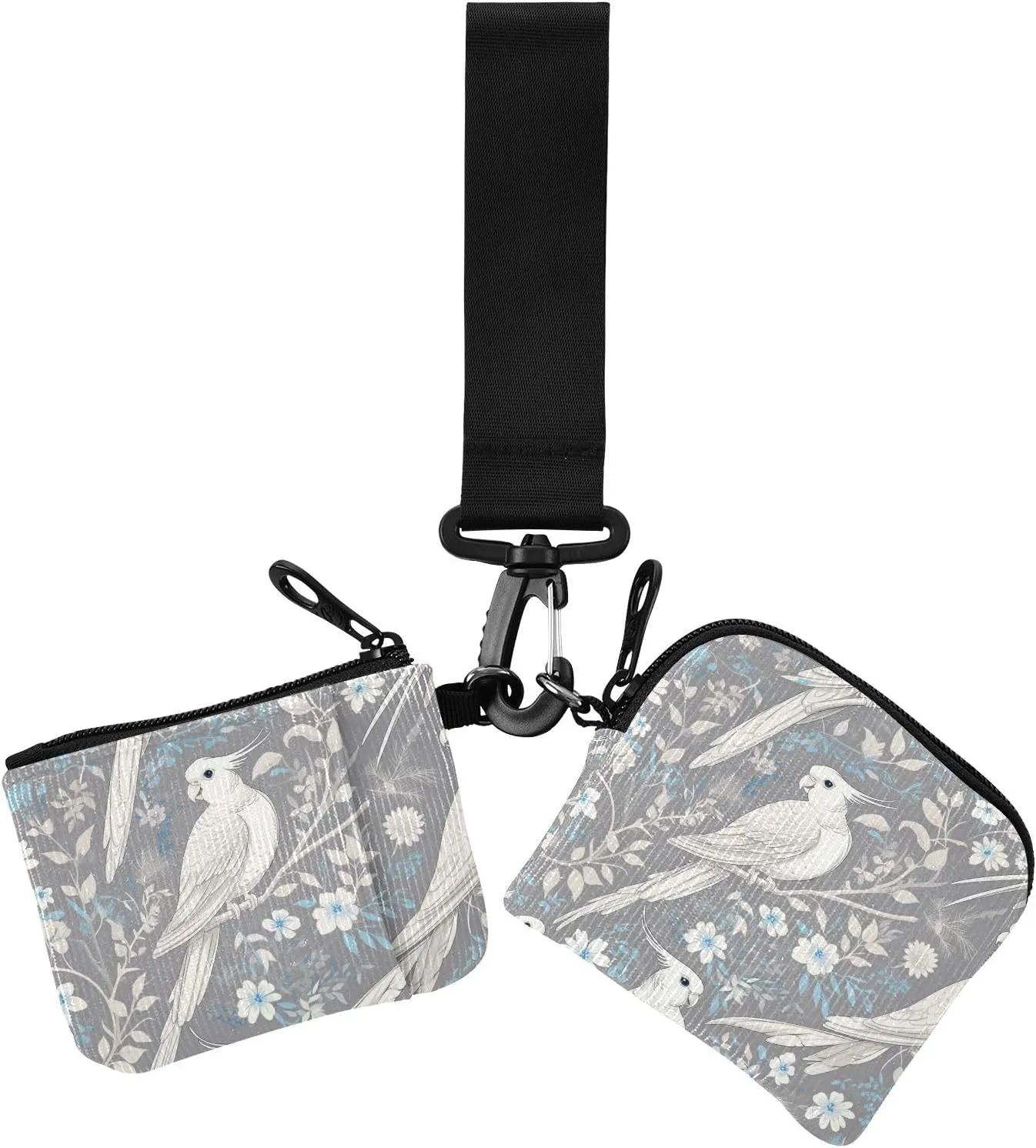Anmal Parrot Heart Gray White Women's Dual Wallets Business Card Cases Slim Detachable Women Credit Card Case Coin Purse with Wristlet Strap for Lady 2 Pcs