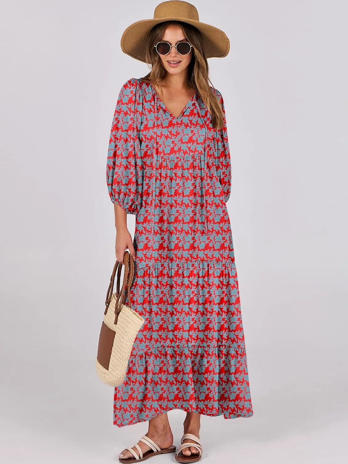 ANRABESS Womens Boho Maxi Dresses 2025 Summer V Neck Puff Sleeve Floral Flowy Swing Casual Long Dress