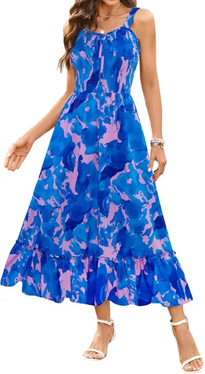 Arolina Women's Summer Floral Boho Dress 2025 Square Neck Maxi Dresses Solid Color Ruffle Beach Vacation Long Sundress