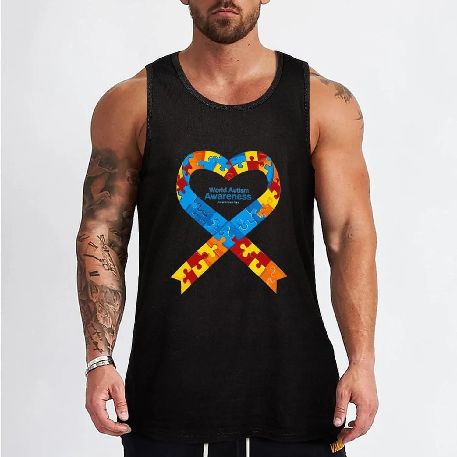 Autism Awareness Day Mens Tank Top Cotton Undershirt Crewneck Sleeveless Shirt for Summer