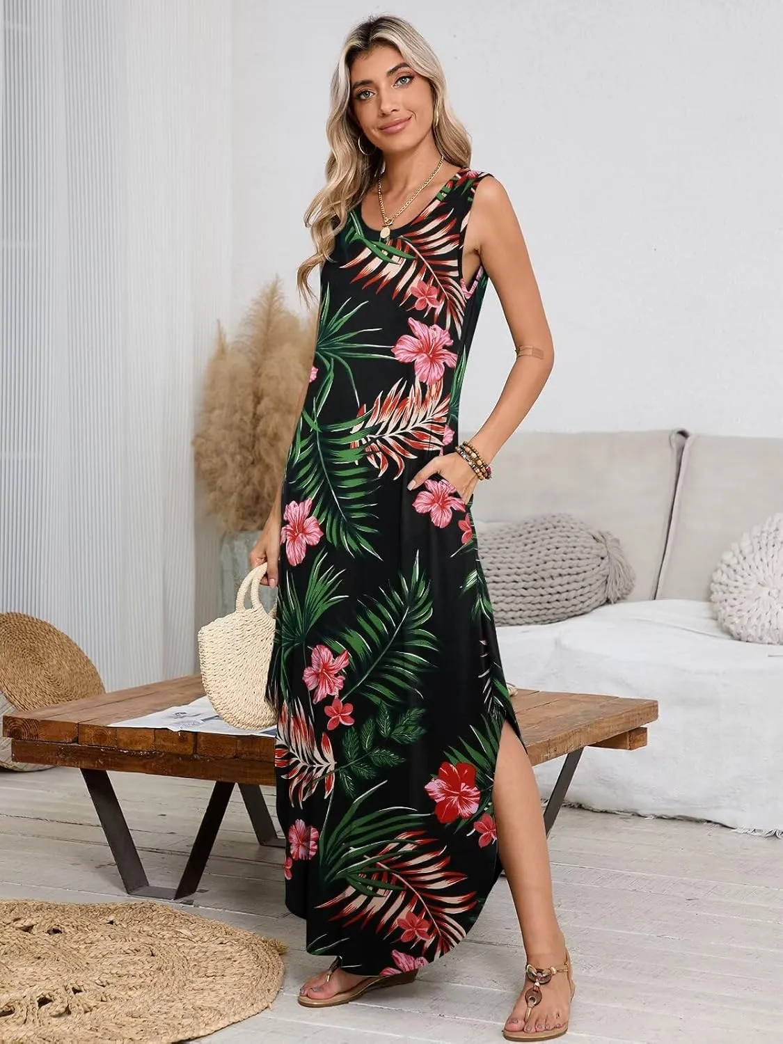 BELAROI Womens Plus Size Maxi Dress Sundress Summer Casual Sleeveless Scoop Neck Pockets Beach Swimsuit Coverup Loose Outfits