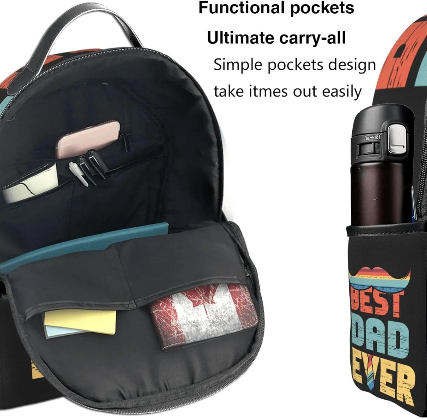 Best Dad Ever Father's Day Beard Tie Backpack Lightweight Laptop Backpacks Casual Double Shoulder Backpack For Women Men Travel