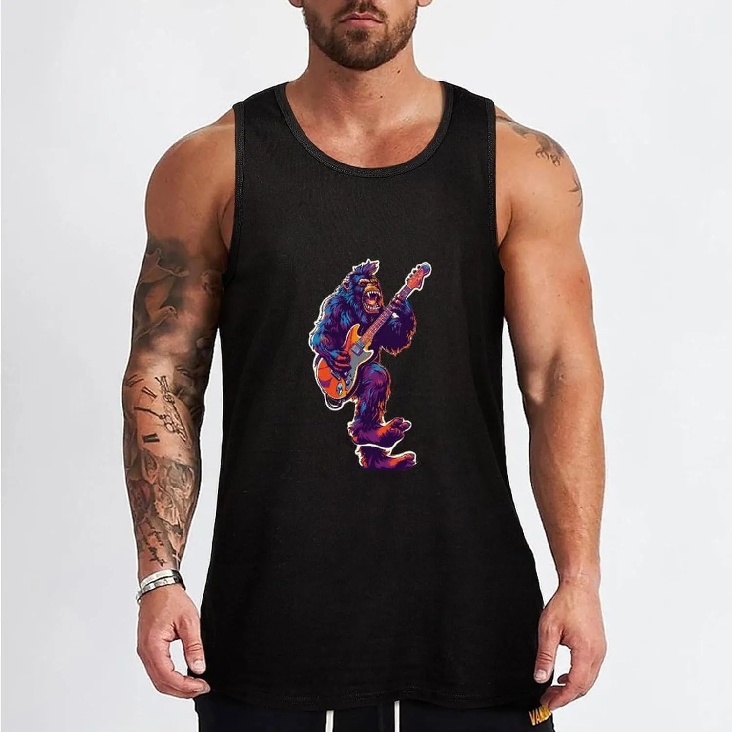 Bigfoot Playing Electric Guitar Mens Tank Top Cotton Undershirt Crewneck Sleeveless Shirt for Summer