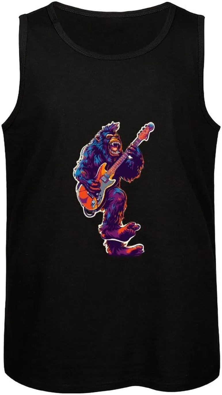 Bigfoot Playing Electric Guitar Mens Tank Top Cotton Undershirt Crewneck Sleeveless Shirt for Summer