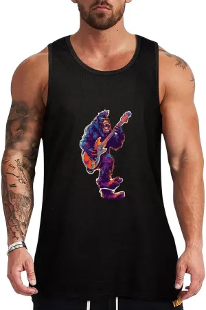 Bigfoot Playing Electric Guitar Mens Tank Top Cotton Undershirt Crewneck Sleeveless Shirt for Summer
