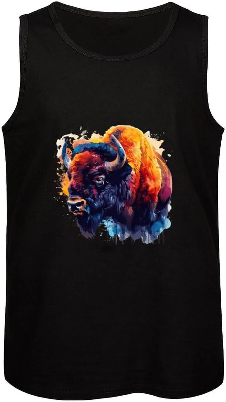 Bison Colorful Animal Mens Tank Top Cotton Undershirt Crewneck Sleeveless Shirt for Summer