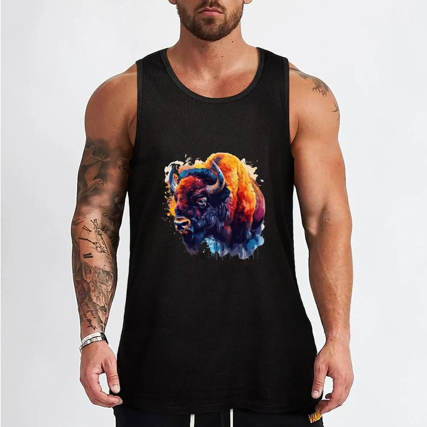 Bison Colorful Animal Mens Tank Top Cotton Undershirt Crewneck Sleeveless Shirt for Summer