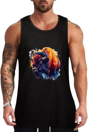 Bison Colorful Animal Mens Tank Top Cotton Undershirt Crewneck Sleeveless Shirt for Summer