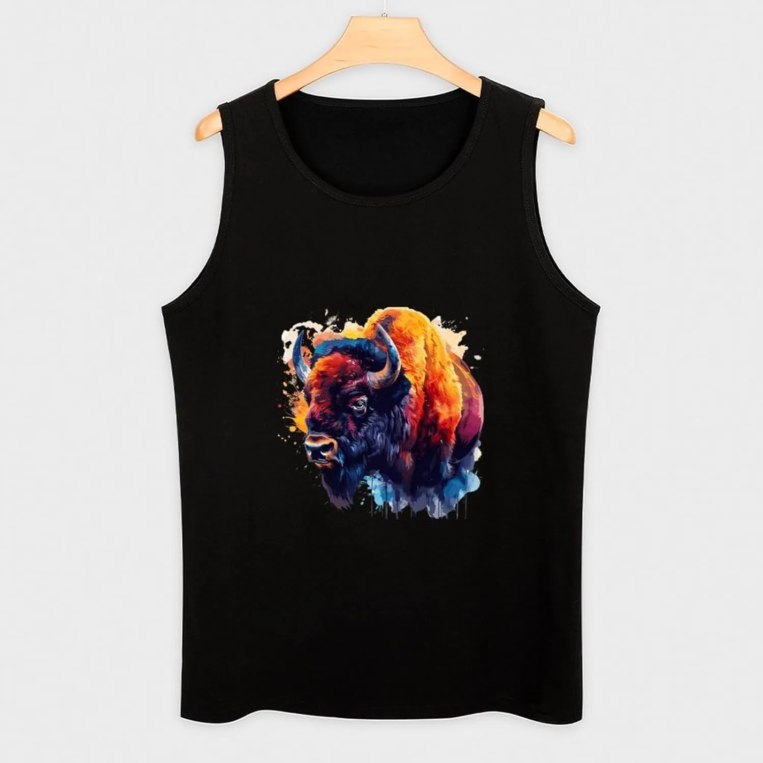Bison Colorful Animal Mens Tank Top Cotton Undershirt Crewneck Sleeveless Shirt for Summer