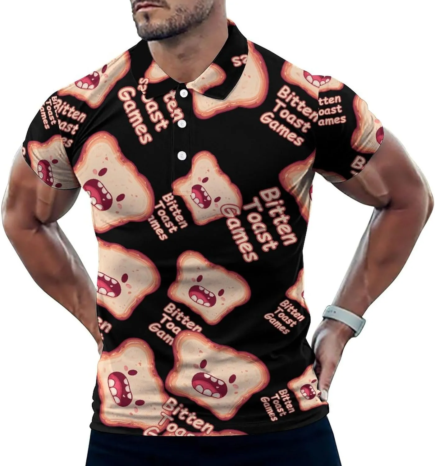 Bitten Toast Games Mens Polo Shirts Quick Dry Short Sleeve T-shirts Slim Tennis Collared Tees Tops