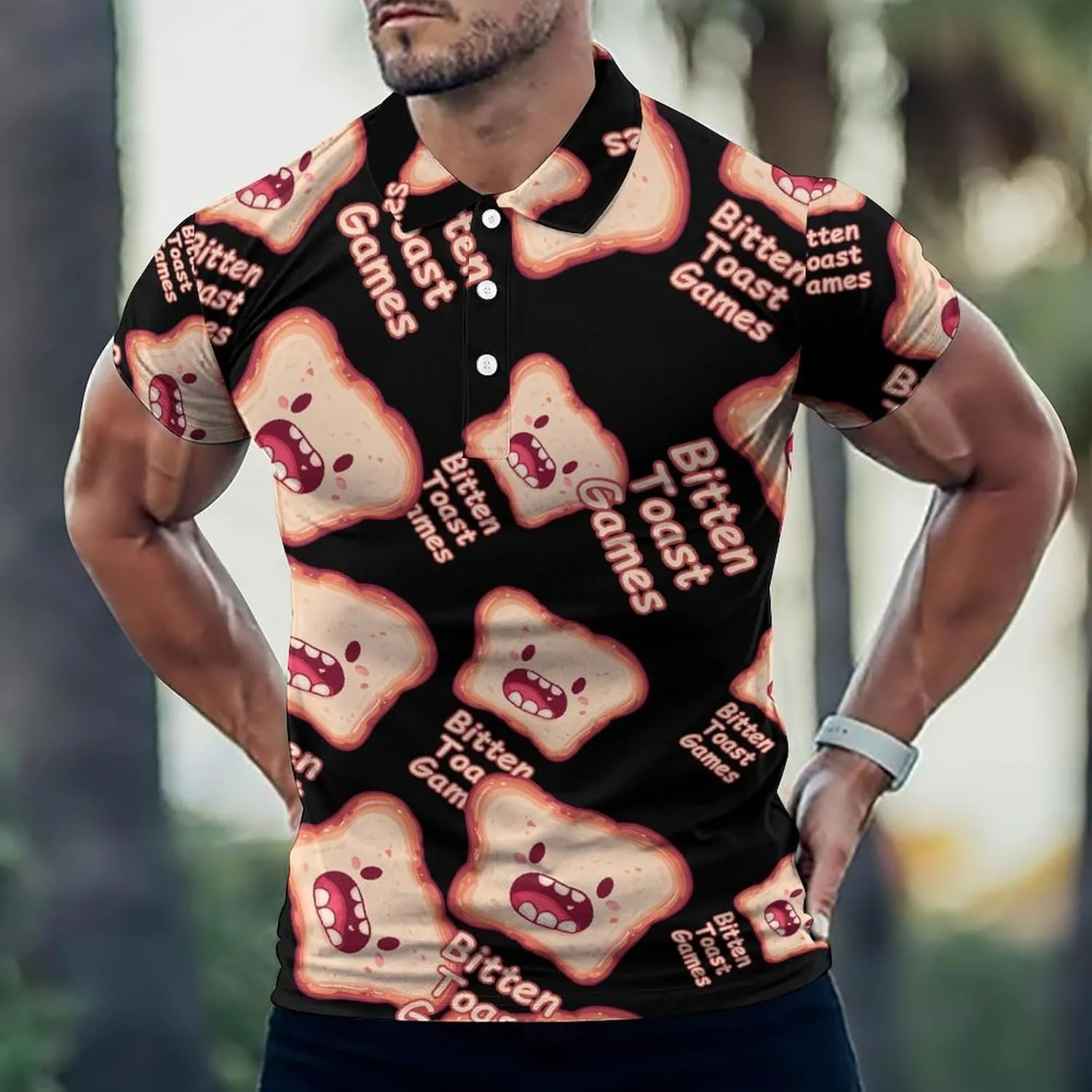 Bitten Toast Games Mens Polo Shirts Quick Dry Short Sleeve T-shirts Slim Tennis Collared Tees Tops