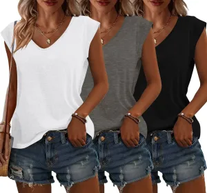 Bliwov 3 Pack Womens Cap Sleeve Tops V Neck T Shirts Spring Summer Casual Plus Size Beach Vacation Fashion Basics Clothes