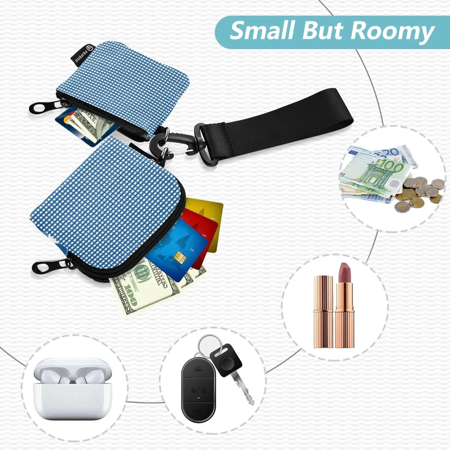 Blue Gingham Women's Card Cases Change Holder Slim Portable ID Card Holders Protector with Wristle Strap for Men Women 2 Packs