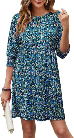 Bluetime Womens Summer Tunic Dress Crew Neck Casual 3/4 Sleeve Short Babydoll Loose Flowy Dresses