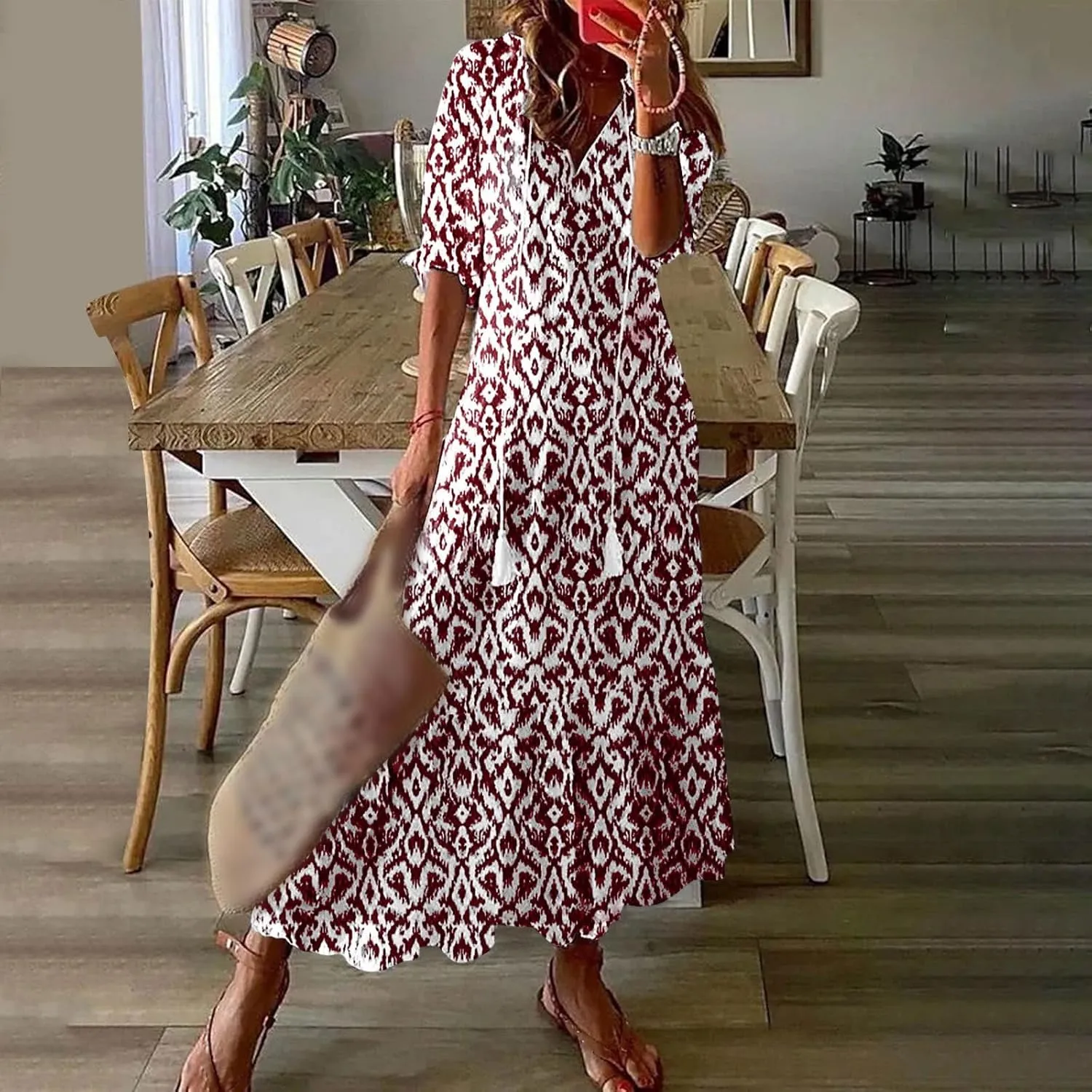 Boho Dress for Women Tassel V Neck Short Sleeve Maxi Dresses Ruffle Floral Printed Flowy A-Line Beach Dresses