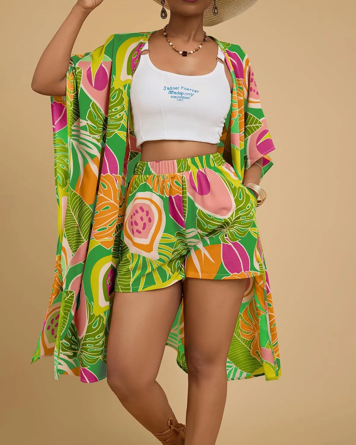 Bsubseach Two Piece Sets for Women Summer Kimono Cardigan and Shorts Set Tropical Print Beach Cover Up Vacation Outfits
