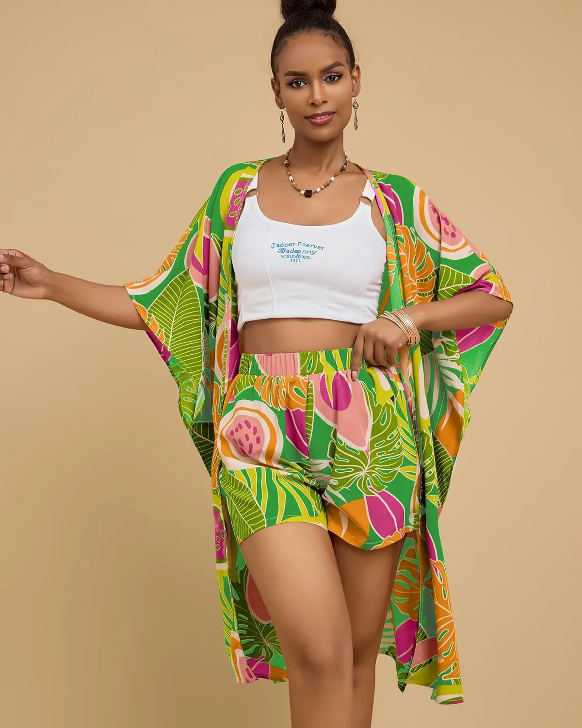 Bsubseach Two Piece Sets for Women Summer Kimono Cardigan and Shorts Set Tropical Print Beach Cover Up Vacation Outfits