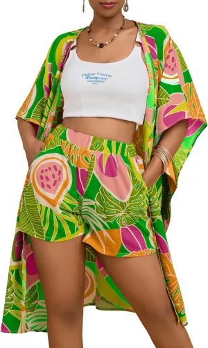 Bsubseach Two Piece Sets for Women Summer Kimono Cardigan and Shorts Set Tropical Print Beach Cover Up Vacation Outfits