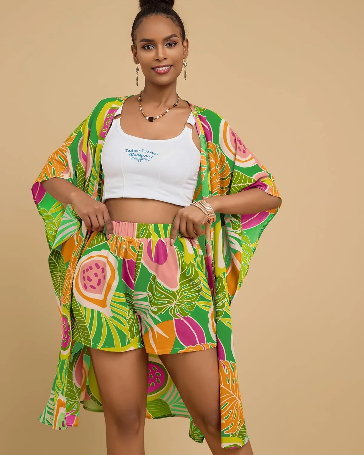 Bsubseach Two Piece Sets for Women Summer Kimono Cardigan and Shorts Set Tropical Print Beach Cover Up Vacation Outfits
