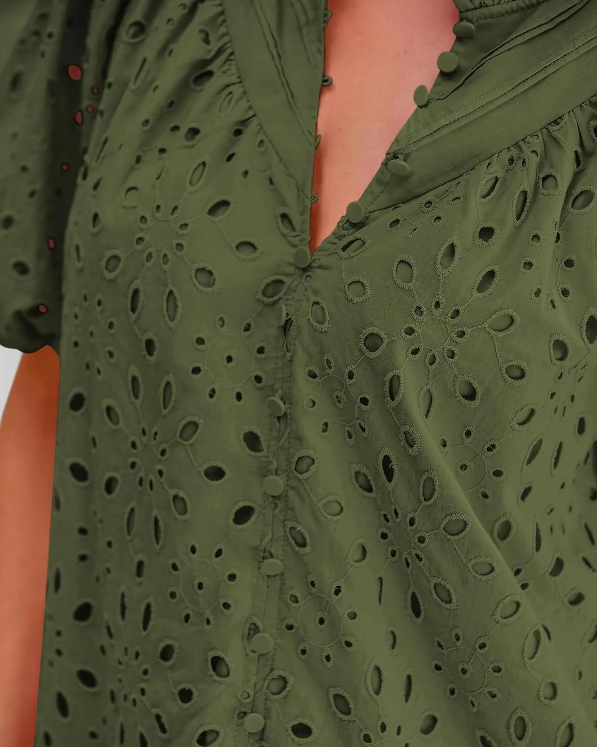 BTFBM Womens Casual Summer Blouse 2025 Hollow Out Eyelet Embroidery Tops V Neck Buttons Puff Short Sleeve Boho Shirts