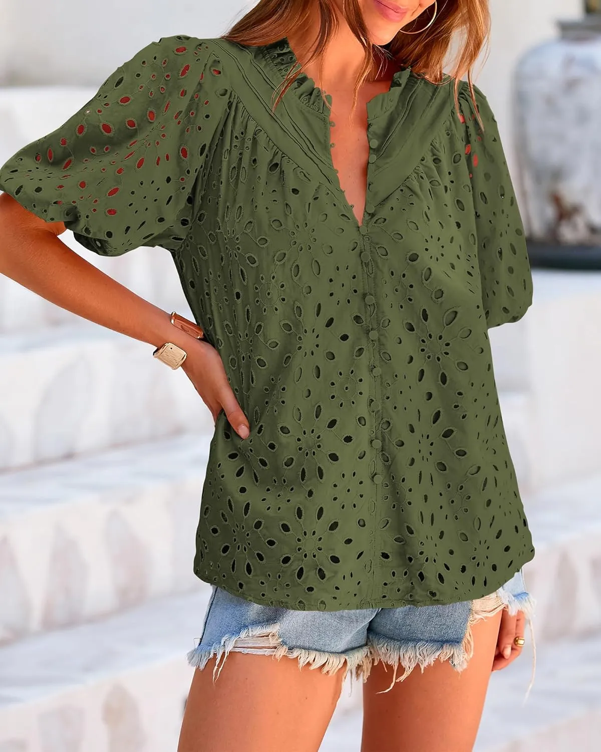 BTFBM Womens Casual Summer Blouse 2025 Hollow Out Eyelet Embroidery Tops V Neck Buttons Puff Short Sleeve Boho Shirts