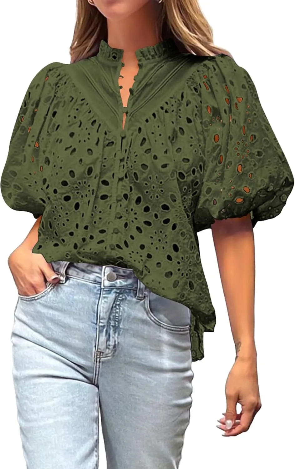 BTFBM Womens Casual Summer Blouse 2025 Hollow Out Eyelet Embroidery Tops V Neck Buttons Puff Short Sleeve Boho Shirts