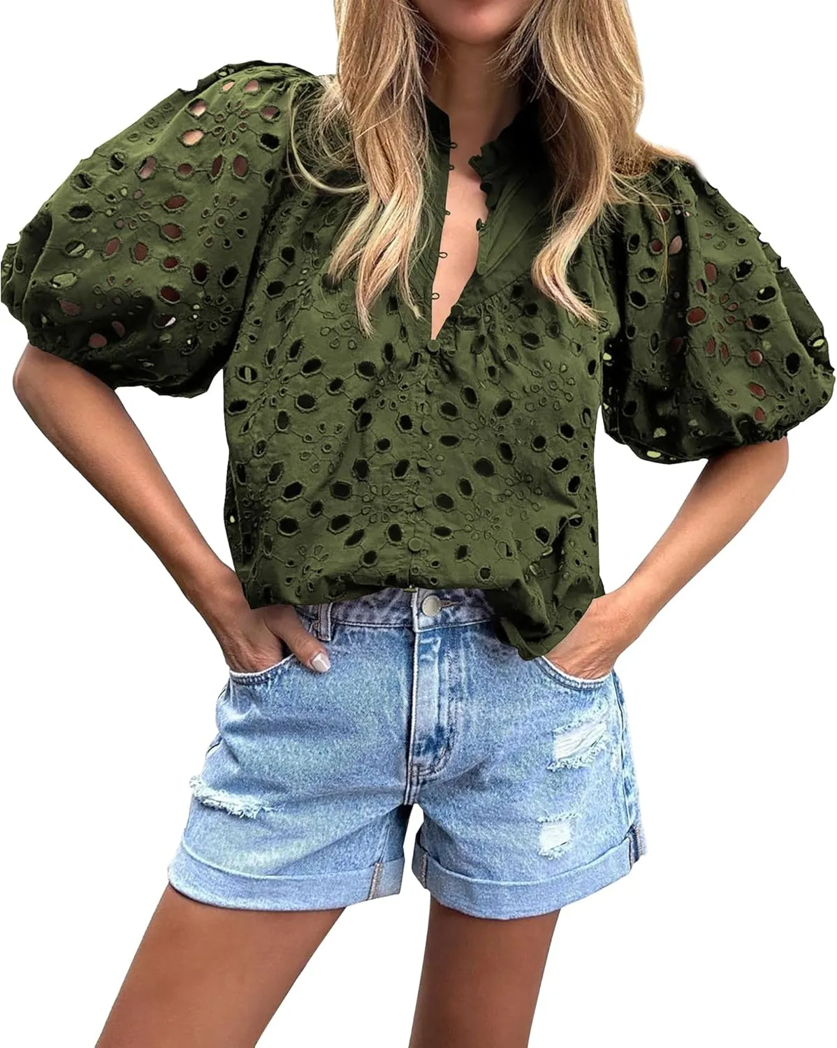 BTFBM Womens Casual Summer Blouse 2025 Hollow Out Eyelet Embroidery Tops V Neck Buttons Puff Short Sleeve Boho Shirts