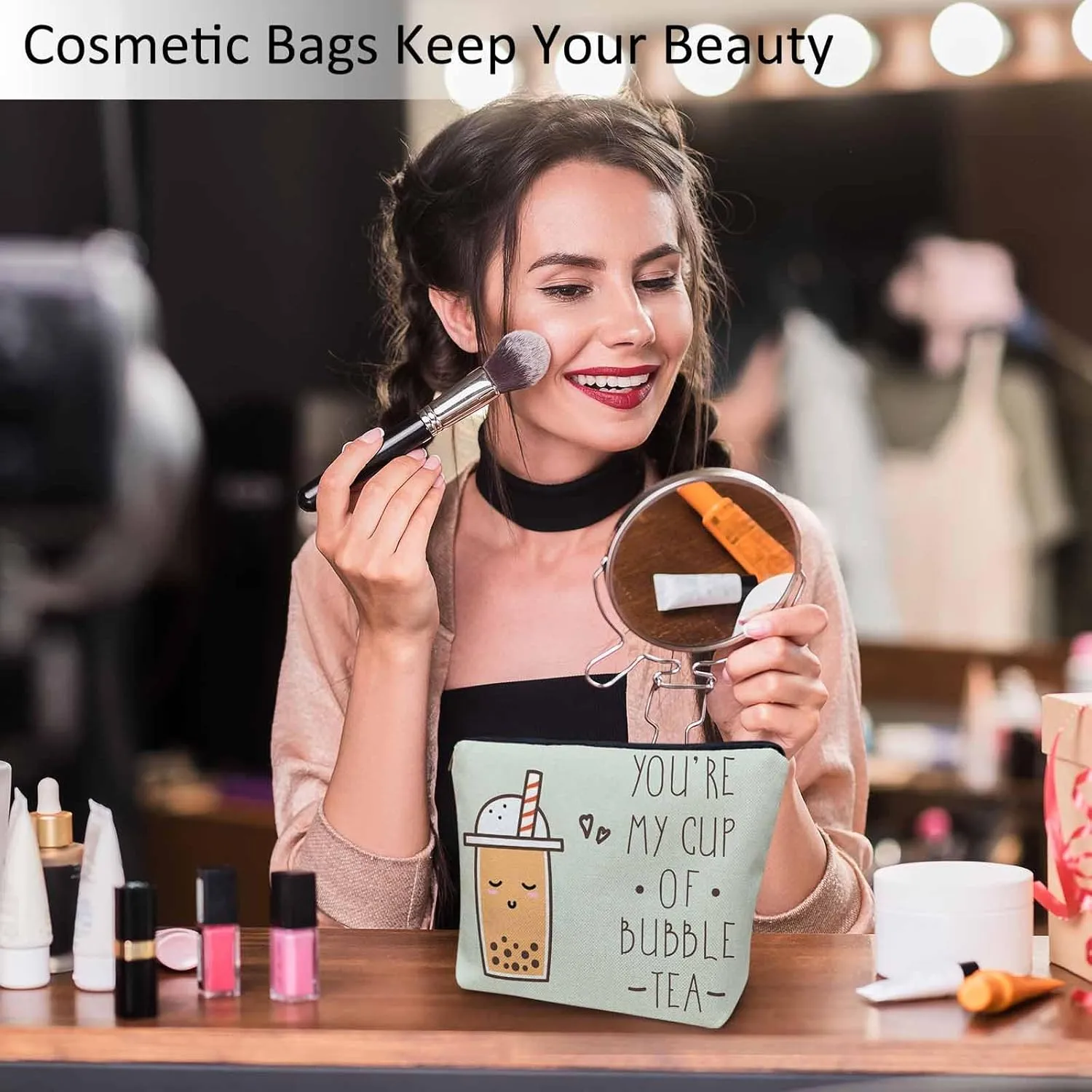 Bubble Milk Tea Cosmetic Bags For Women, Funny Quote Makeup Bag Toiletry Bag Accessories Organizer Storage Bags Makeup Pouch For Travel Business Gym Bathroom You're My Cup Of Bubble Tea
