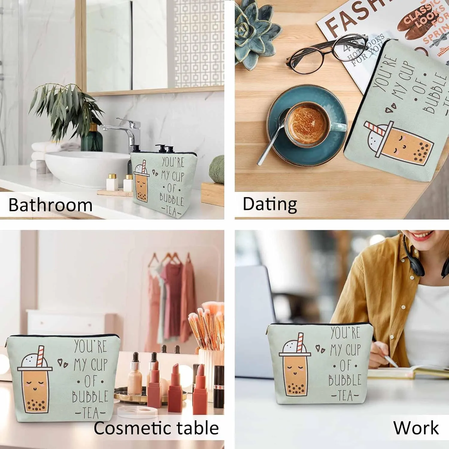 Bubble Milk Tea Cosmetic Bags For Women, Funny Quote Makeup Bag Toiletry Bag Accessories Organizer Storage Bags Makeup Pouch For Travel Business Gym Bathroom You're My Cup Of Bubble Tea