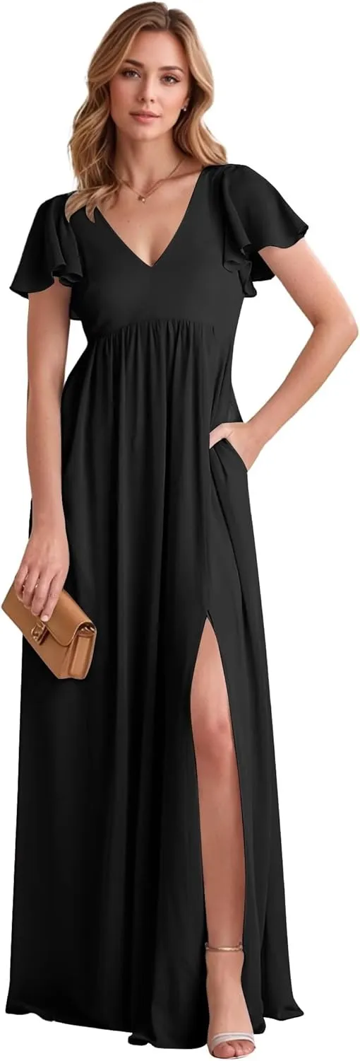 Cadoly Women's Chiffon A-Line 2025 Bridesmaid Dresses for Wedding Long with Slit Ruffle Sleeves V-Neck Formal Dresses