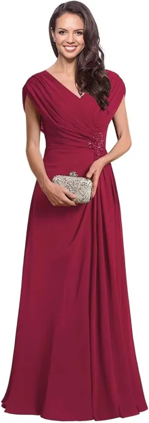 Cap Sleeve Mother of The Bride Dresses for Wedding Ruched Chiffon Long Formal Evening Dress