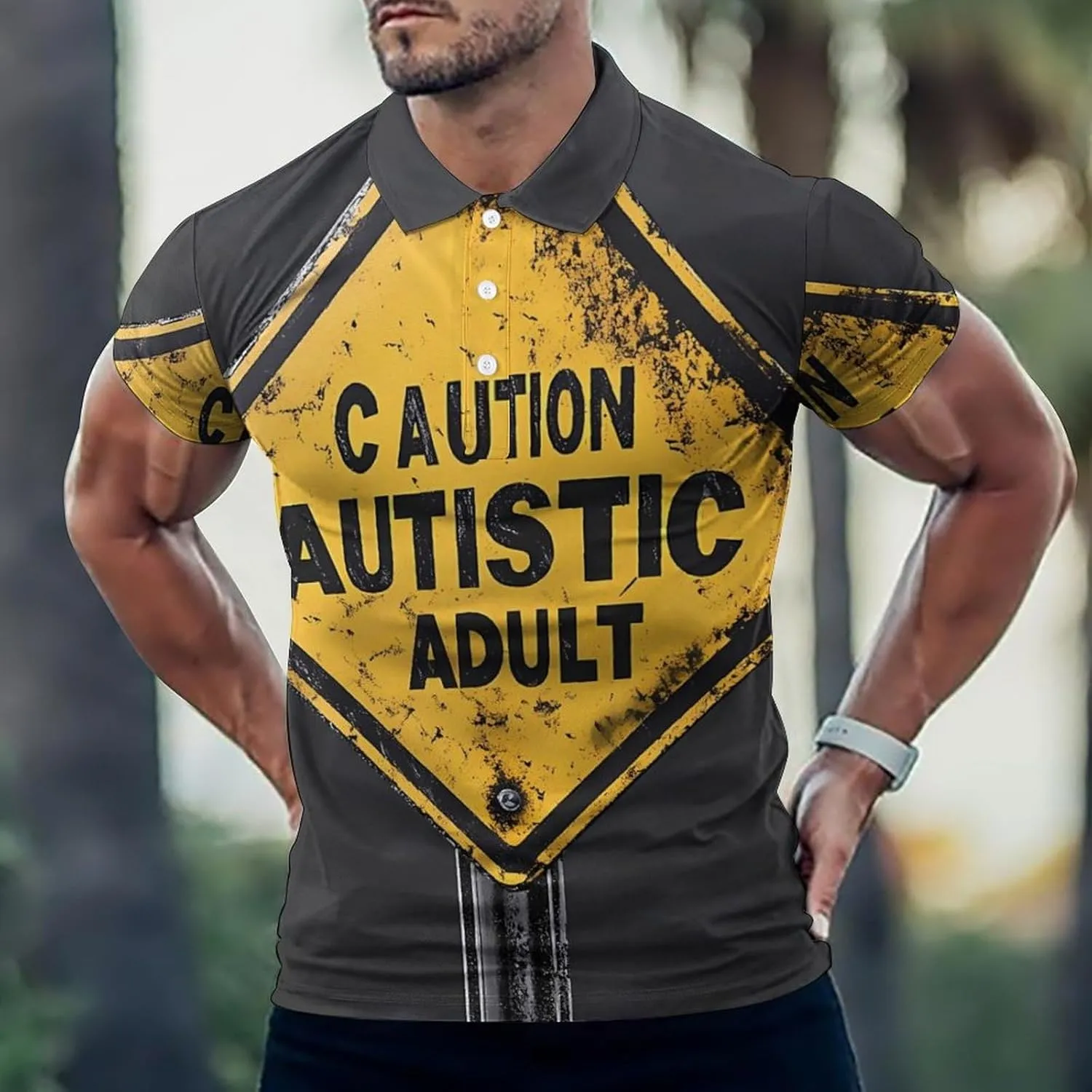 Caution Autistic Adult Mens Polo Shirts Quick Dry Short Sleeve T-shirts Slim Tennis Collared Tees Tops